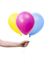 Colorful Balloons held by Female Hand. On White Background - 67094968