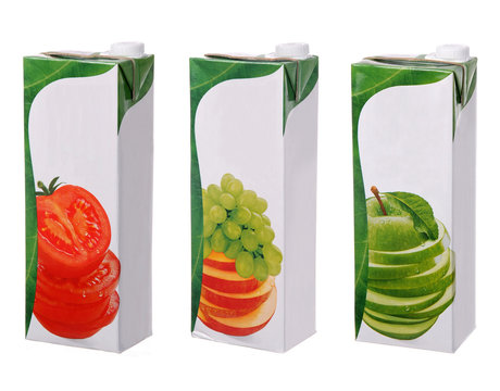 different juices packs isolated on white