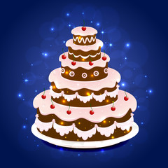 Birthday cake on sparkling background