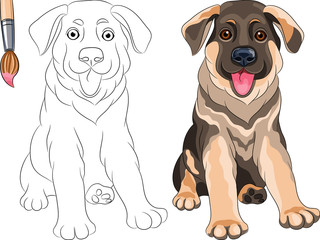 Vector Coloring Book of smiling Puppy dog German shepherd