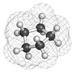 Cyclopentane cycloalkane molecule. Used in refrigerators.