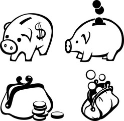 Money icons set - piggy bank and purse with coins