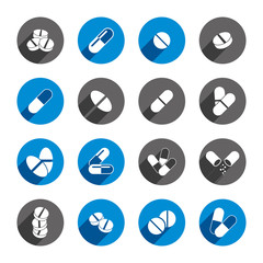 Medical pills icons set, vector collection.