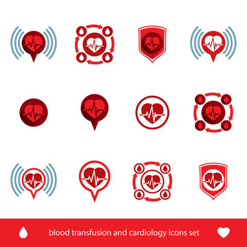 Cardiology and blood transfusion vector icons set, creative symb