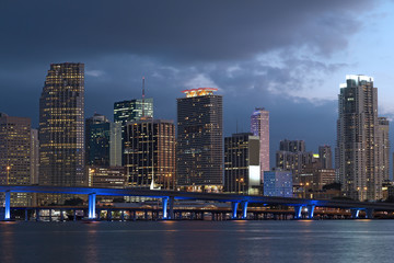 Miami city skyline at dusk.