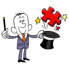 シルクハットからパズルのピースを出すビジネスマン