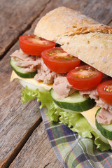 tuna sandwich with vegetables and cheese on wooden, vertical
