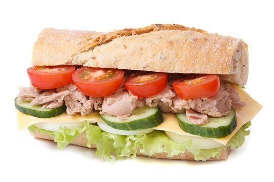 tuna sandwich with vegetables and cheese isolated