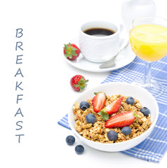 breakfast with homemade granola and fresh berries, orange juice