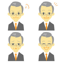 スーツの男性　表情　驚き、笑顔、怒り、弱る