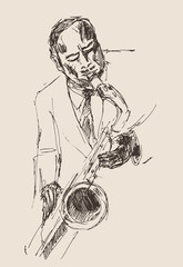 man playing the trumpet, music vintage illustration, sketch