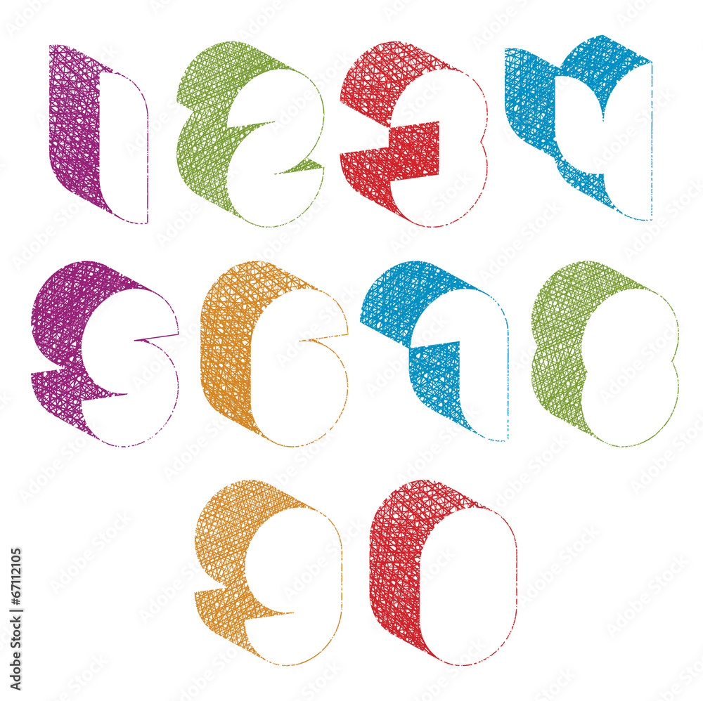 Fototapete futuristic shapes 3d numbers set with hand drawn lines texture.