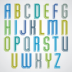 Colorful decorative font, geometric narrow uppercase letters wit