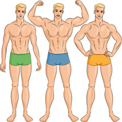 vector set of young athletic guys in shorts
