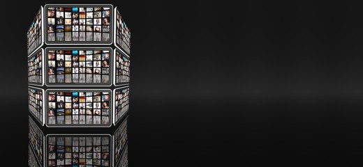 Tablet screens with many icons, copy space