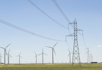 Wind turbines park and electric power lines