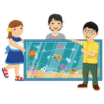 Kids Watching Fishes in An Aquarium Vector