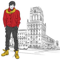Vector sketch of a stylish guy in the city-center