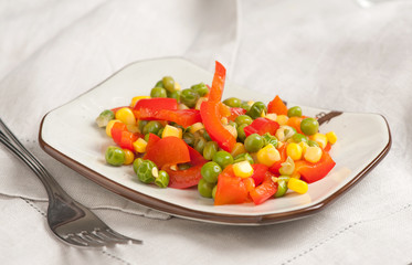 Steamed Organic Vegetables. Peas, Corn and Pepper