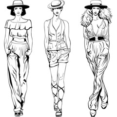 Vector set fashion top models in trouser suits and hats