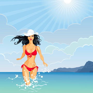 Vector brunette Girl and the Sea