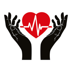 Hand with heart and cardiogram vector symbol.