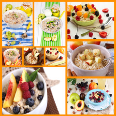 Collage of tasty oatmeal with fruits and berries