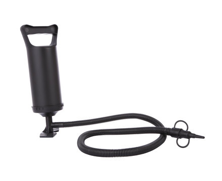 Black handy air pump and hose on white background.