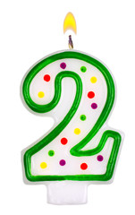 Birthday candles number two isolated on white background