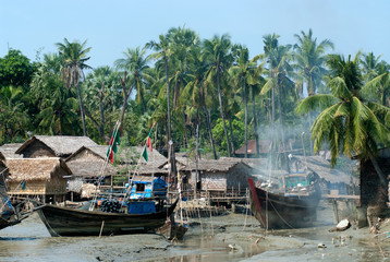 Traditional Myanmar village on estuary in Kyaikto city,Myanmar .