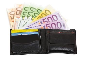 Loaded wallet with European banknotes, credit cards