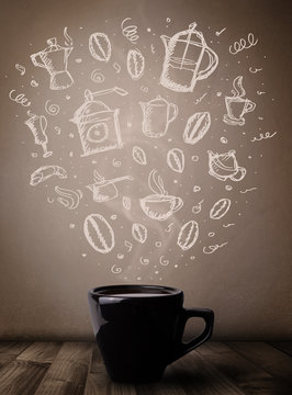 Coffee mug with hand drawn kitchen accessories