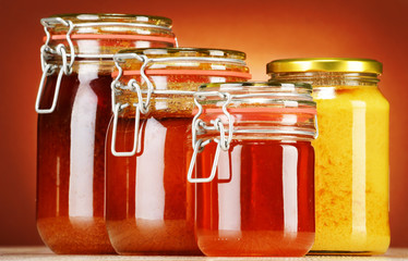 Composition with jars of honey