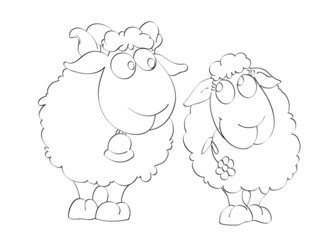 Contour of two funny sheep on the isolated white background