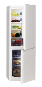Open refrigerator with food.