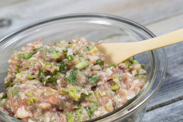 Fresh Chinese Dumpling Ingredients in Glass Bowl