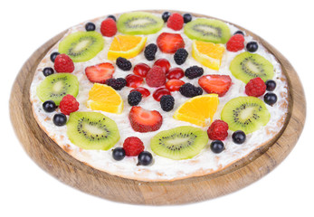 Sweet pizza with fruits isolated on white