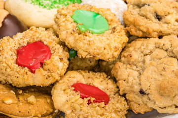 Plate of mixed baked cookies or biscuits