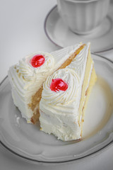 red cherry on cake slice