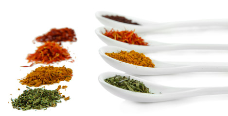 Assortment of spices in  white spoons, isolated on white