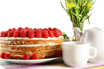 Tasty cake with fresh berries, close up