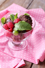 Chocolate ice cream with mint leaf and ripe berries in glass