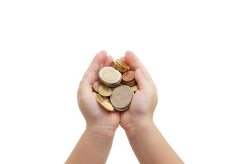 isolated of child's hands holding coins