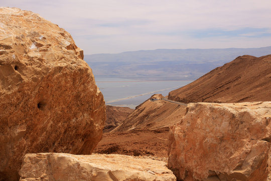 Stones and  Dead Sea in background. Israel