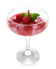 Glass of cold raspberry dessert on wooden background