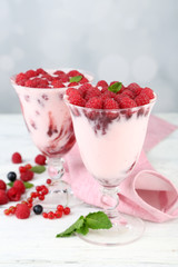 Tasty raspberry dessert with berries