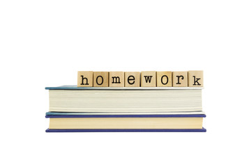 homework word on wood stamps and books