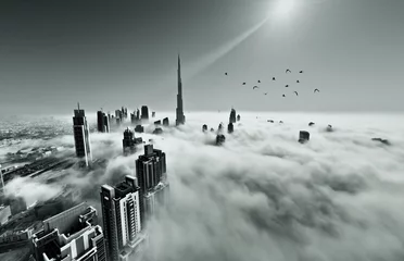 Glasschilderij Burj Khalifa Skyline van Dubai in mist
