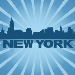 New York skyline reflected with blue sunburst illustration
