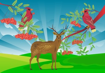 Deer and birds on tree